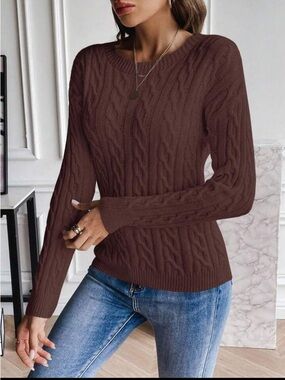 Brown Fitted Cable Knit Sweater